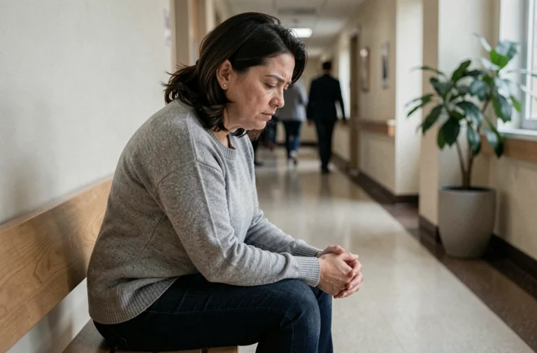Femme pensive assise seule dans un couloir d'hôpital, illustrant l'anxiété liée à un rêve de cancer