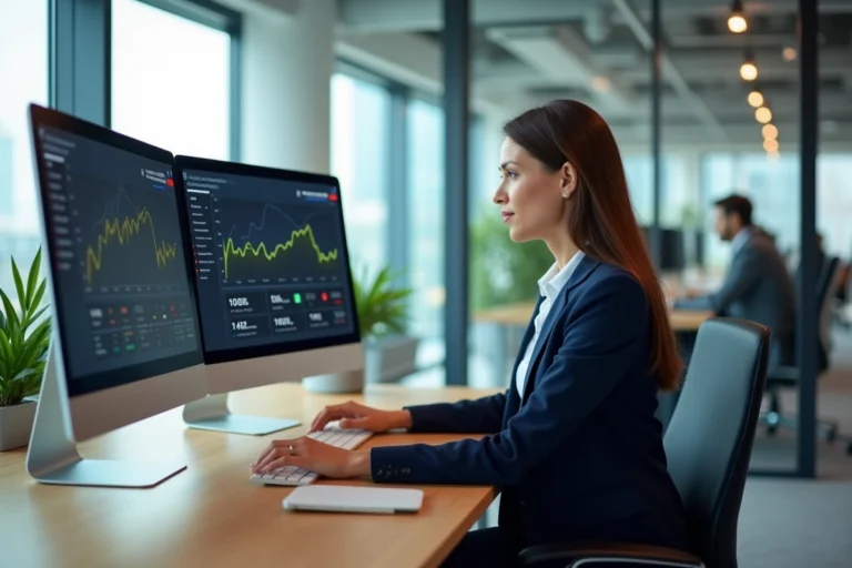 Femme professionnelle analysant des tableaux de bord numériques et des métriques de visibilité en ligne dans un bureau moderne