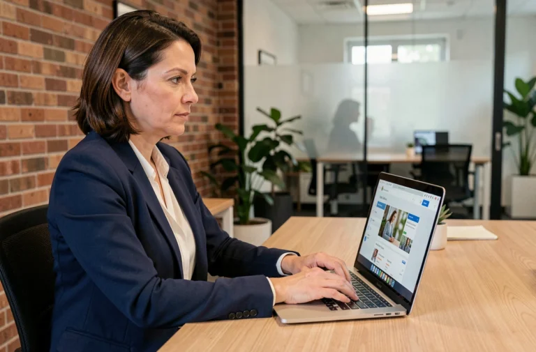 Femme professionnelle consultant un annuaire d'entreprises en ligne sur son ordinateur portable dans un bureau moderne