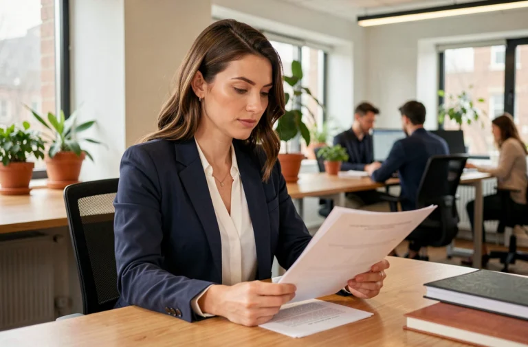Femme professionnelle concentrée révisant des documents dans un bureau moderne, symbolisant la réussite et l'organisation au travail