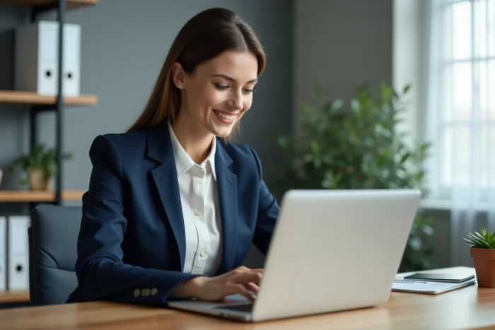 Femme professionnelle consultant une plateforme de recherche d'emploi en ligne sur son ordinateur portable dans un bureau moderne
