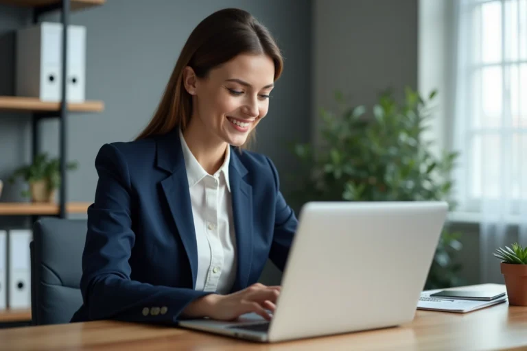 Femme professionnelle consultant une plateforme de recherche d'emploi en ligne sur son ordinateur portable dans un bureau moderne