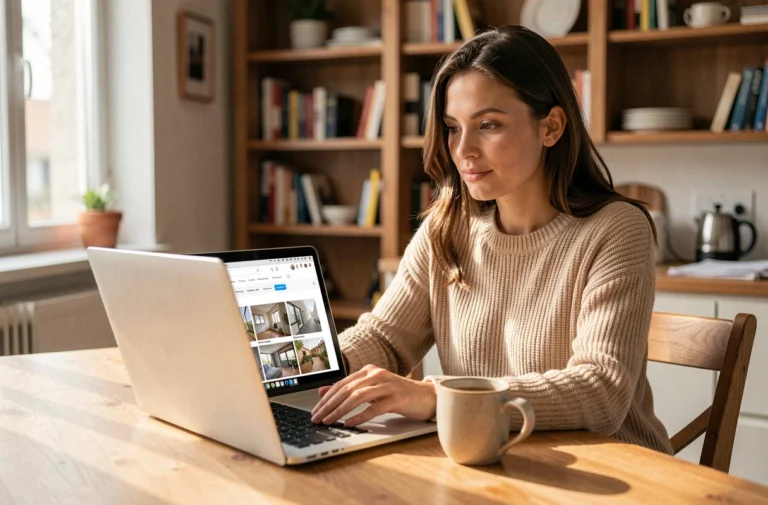 Femme cherchant un appartement à louer sur un site d'annonces immobilières en ligne depuis son domicile