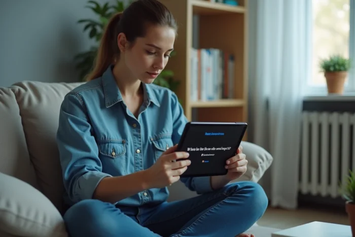 Femme consultant l'application IPTV Smarters Pro sur tablette pour corriger une erreur de connexion