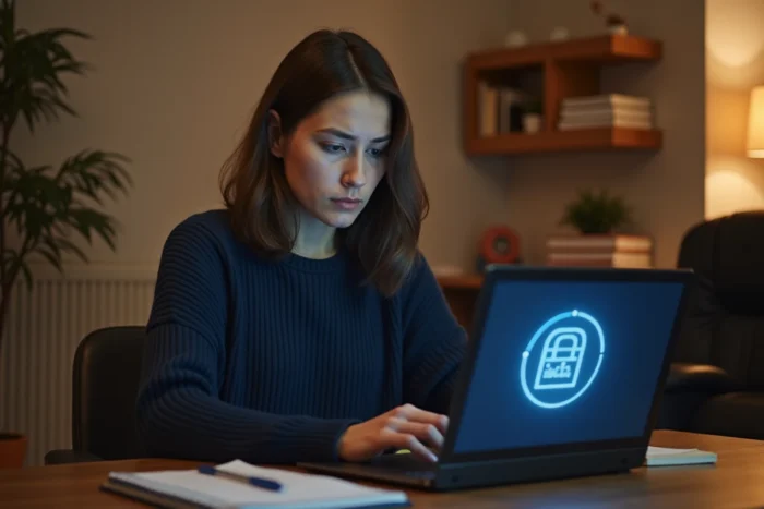 Femme vérifiant les paramètres de sécurité en ligne sur un ordinateur portable dans un bureau à domicile