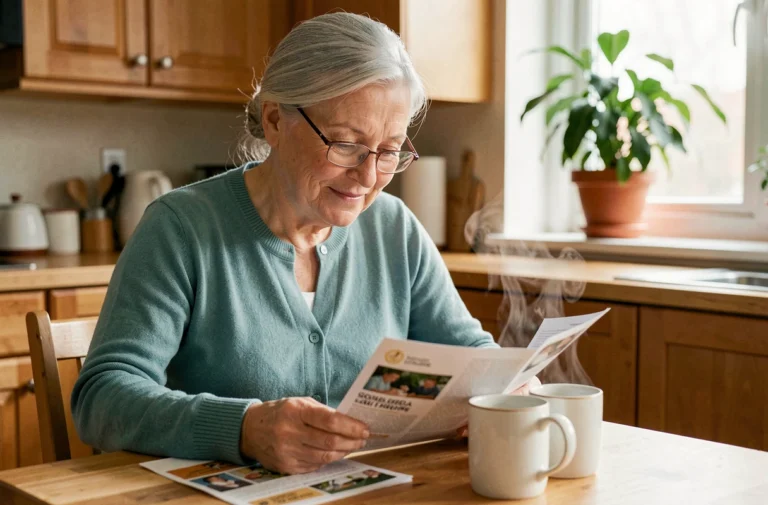 Femme senior lisant un guide de ressources pratiques pour les personnes âgées à la table de cuisine