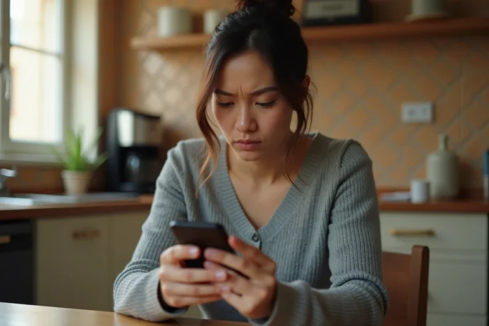 Femme consultant son smartphone avec une expression perplexe face à un numéro de téléphone inconnu