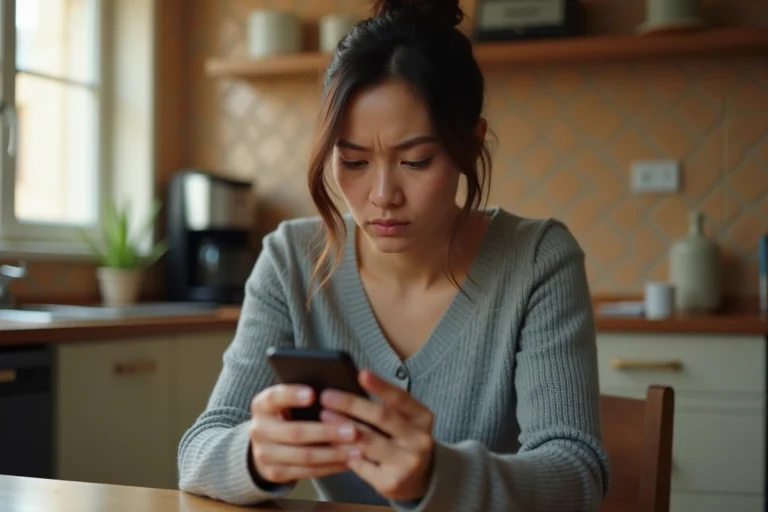 Femme consultant son smartphone avec une expression perplexe face à un numéro de téléphone inconnu
