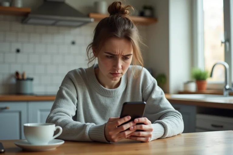 Jeune femme frustrée regardant son smartphone affichant une suspension de ligne Sosh dans une cuisine moderne