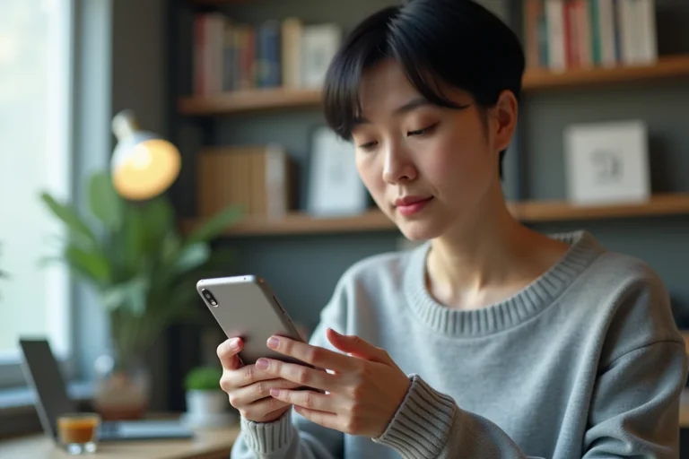 Femme utilisant un Samsung Galaxy pour écrire un SMS avec un mot souligné affiché à l'écran