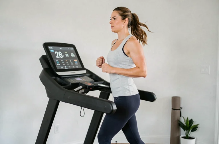 Femme utilisant un tapis de course Sportstech F10 dans une salle de sport à domicile moderne