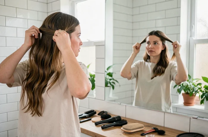 Jeune femme au visage rond testant différentes longueurs de cheveux devant son miroir de salle de bain, réfléchissant à la coupe idéale pour sa morphologie