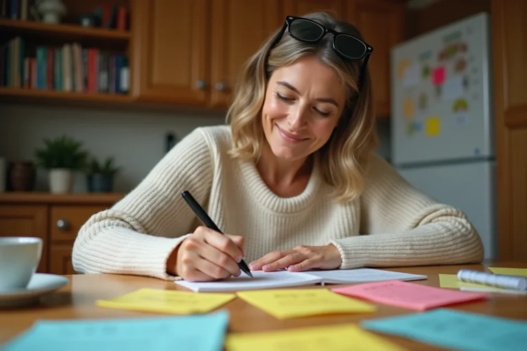Femme utilisant des fiches colorées pour stimuler sa mémoire à la maison