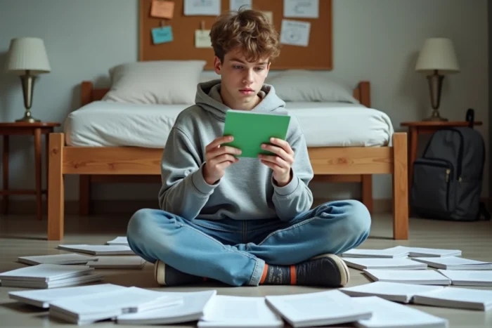 Adolescent révisant avec des fiches de mémorisation posées sur le sol de sa chambre