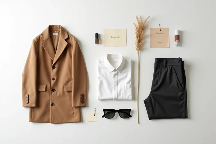 Flat lay minimaliste de vêtements épurés en camel, blanc et gris avec palette de couleurs neutres soigneusement disposée