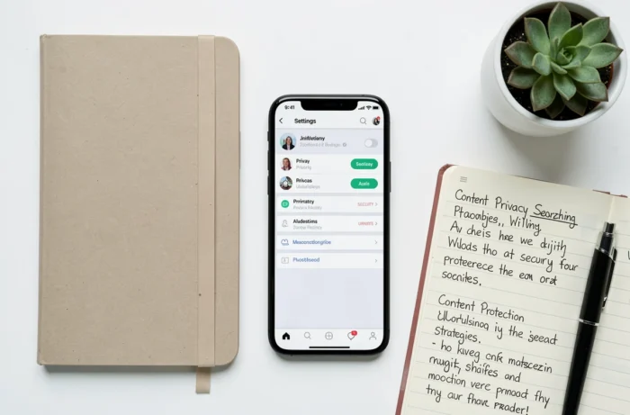 Vue aérienne d'un bureau avec smartphone affichant les paramètres de confidentialité et un carnet de notes sur la protection des contenus contre les leaks