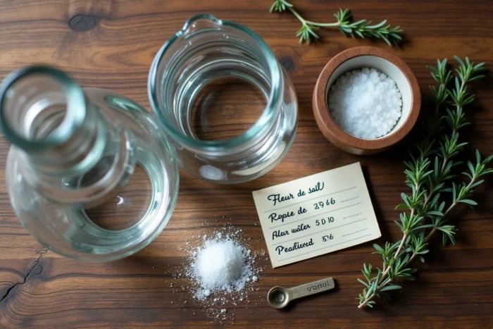Vue de dessus d'un carafe d'eau d'un litre, fleur de sel dans un ramequin et fiche recette sur une table en bois rustique