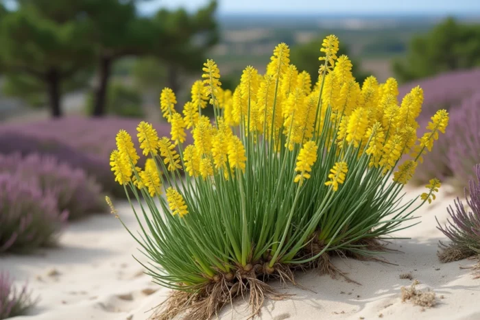 Genêt à balais aux fleurs jaunes vives enraciné profondément dans un sol acide sableux de lande