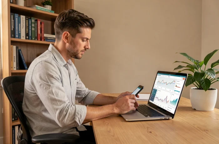 Homme gérant ses finances personnelles et consultant les tendances bancaires sur ordinateur portable à domicile