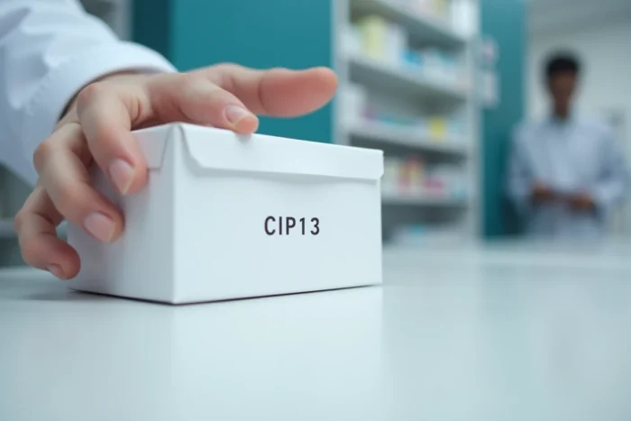 Gros plan sur le code CIP13 imprimé sur une boîte de médicament posée sur le comptoir d'une pharmacie