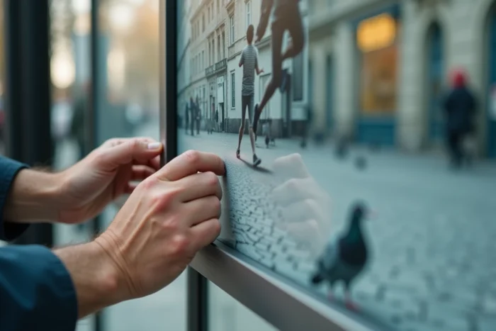Gros plan sur des mains décollant une affiche publicitaire du cadre d'un abribus JCDecaux