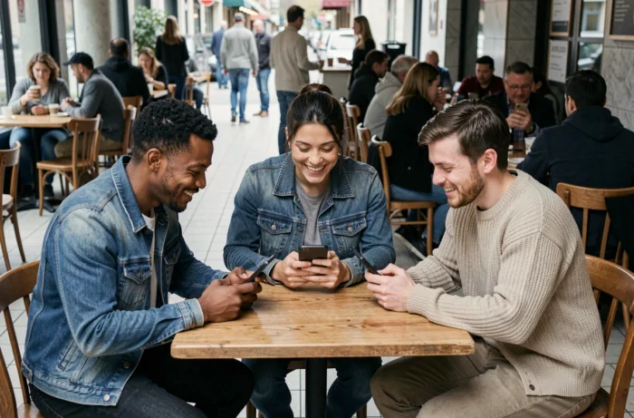 Groupe de personnes consultant leurs téléphones dans un café, représentant la propagation virale d'un mot inventé sur internet