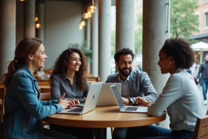 Groupe de candidats collaborant autour de plateformes de recrutement en ligne dans un café urbain moderne