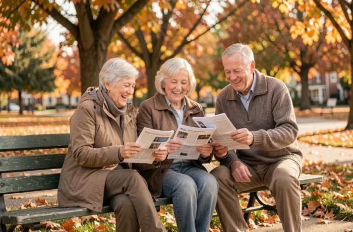Groupe de seniors discutant de ressources et conseils pratiques dans un parc en automne
