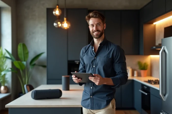 Homme utilisant une tablette pour connecter plusieurs enceintes Bluetooth dans un appartement loft moderne