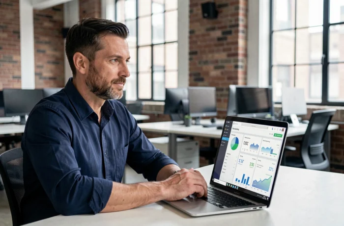 Homme consultant son tableau de bord de banque en ligne sur un ordinateur portable dans un espace de coworking