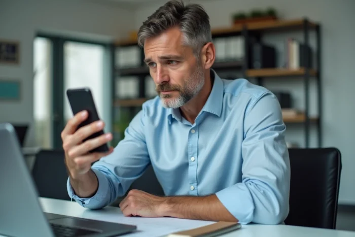 Homme d'affaires au bureau analysant un appel manqué d'un numéro de téléphone inconnu sur son smartphone
