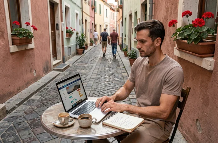 Homme assis en terrasse de café comparant des vols sur ordinateur pour organiser des vacances à petit prix