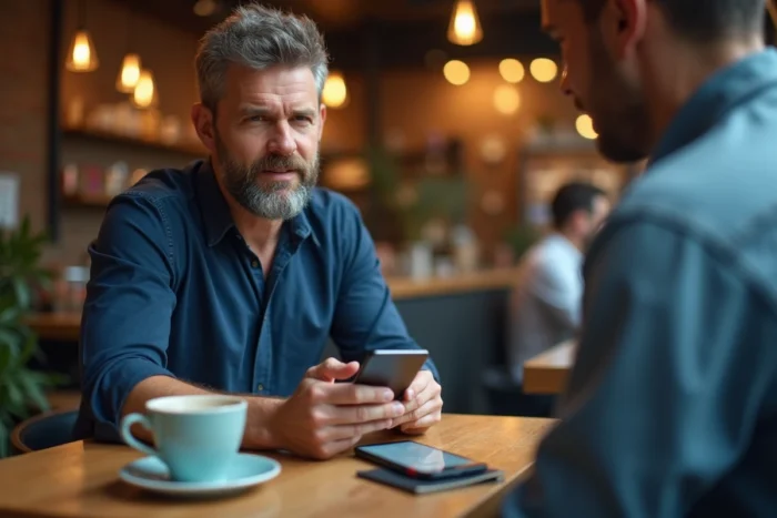 Homme dans un café utilisant les options de formatage SMS sur un smartphone Samsung pour souligner du texte