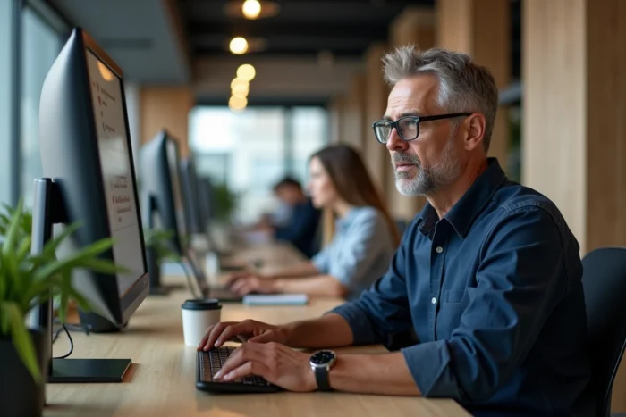 Homme avec lunettes consultant des conseils informatiques sur un grand écran d'ordinateur dans un espace de coworking moderne