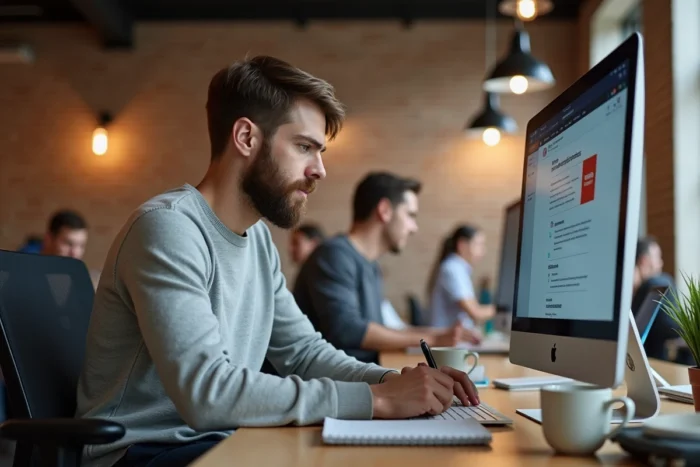 Jeune homme prenant des notes lors de sa recherche d'emploi sur une plateforme spécialisée dans un espace de coworking