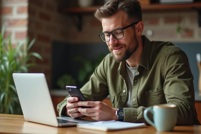 Homme gérant ses investissements en ligne depuis son domicile avec un smartphone et un ordinateur portable