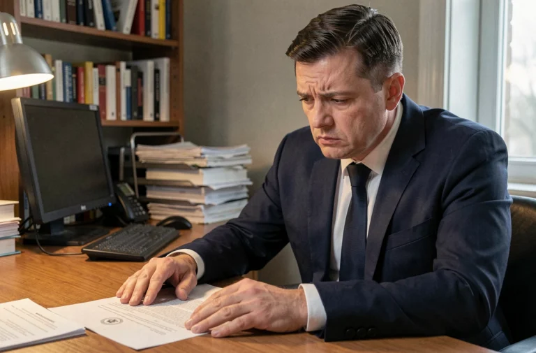 Homme inquiet lisant un document officiel pouvant indiquer une plainte déposée contre lui