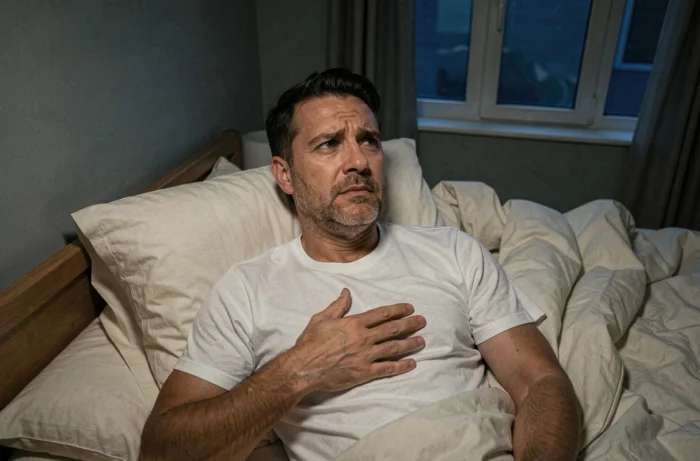 Homme allongé dans son lit les yeux ouverts la nuit, symbolisant l'inquiétude après un rêve angoissant de maladie
