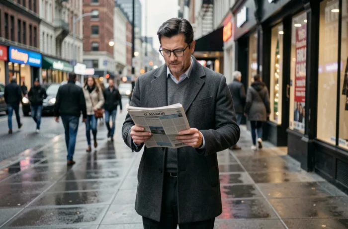 Homme lisant un journal imprimé dans une rue animée de la ville, entouré de passants flous