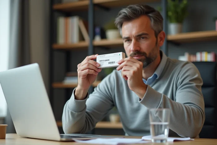 Homme lisant le numéro CIP sur une boîte de médicament à son bureau à domicile avec un ordinateur portable