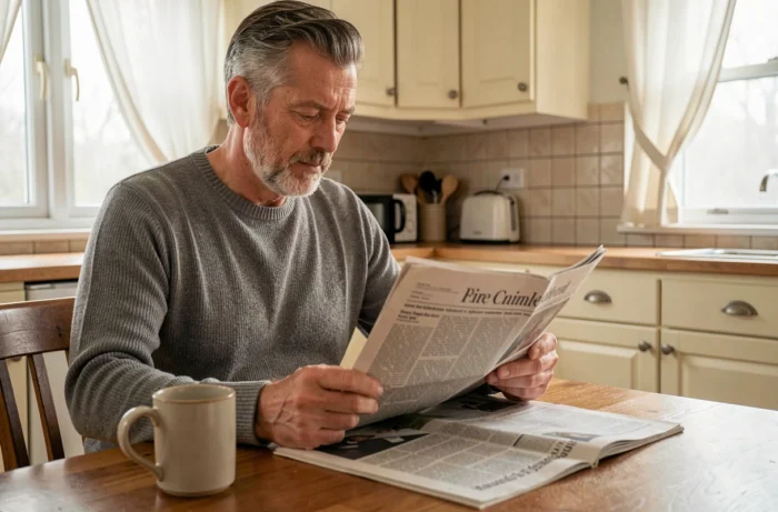 Homme lisant le journal papier le matin dans une cuisine confortable avec un café