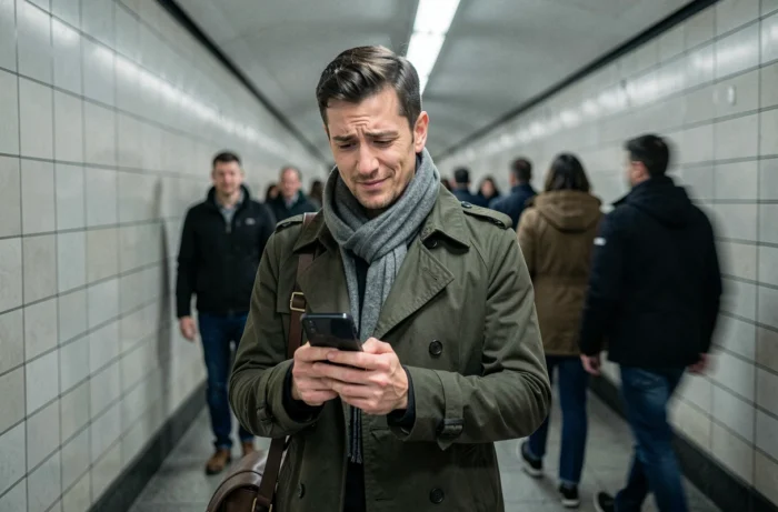 Homme dans un couloir de métro regardant son téléphone avec curiosité, symbolisant la découverte d'un mot inventé devenu viral sur les réseaux sociaux