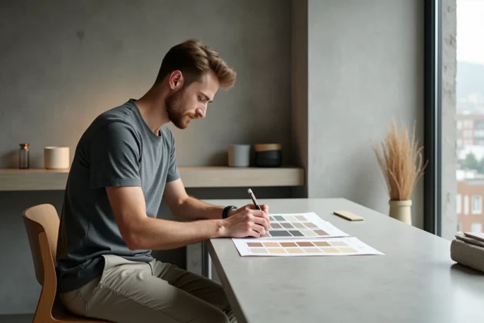 Homme en tenue épurée grise et stone consultant une palette de couleurs minimalistes dans un bureau en béton moderne