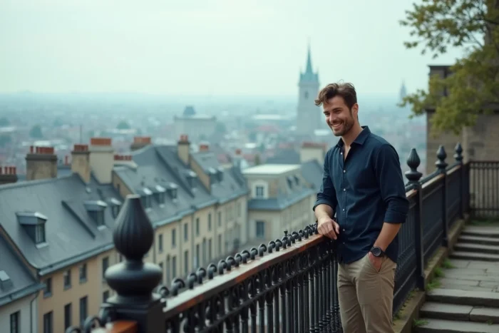 Homme contemplant un panorama de toits urbains depuis un escalier en pierre, découverte des trésors cachés de la ville