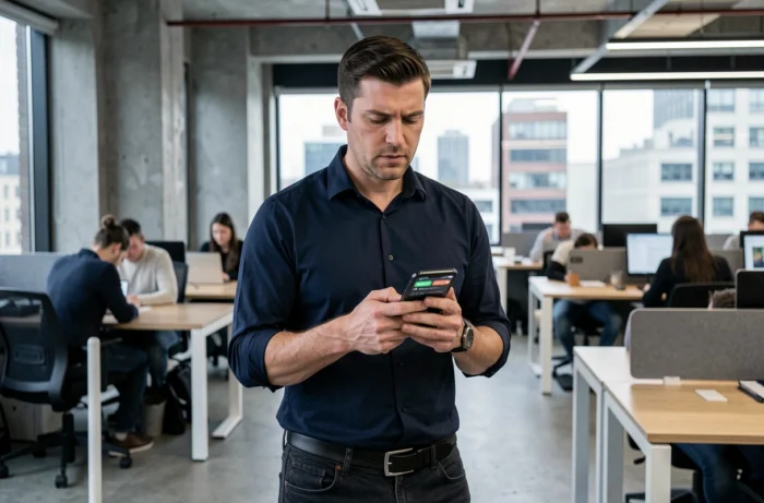 Homme dans un espace de coworking analysant les alertes de confidentialité sur son smartphone pour contrer les leaks sur les réseaux sociaux