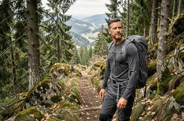 Homme en randonnée sur un sentier forestier de montagne, activité de plein air et loisir nature