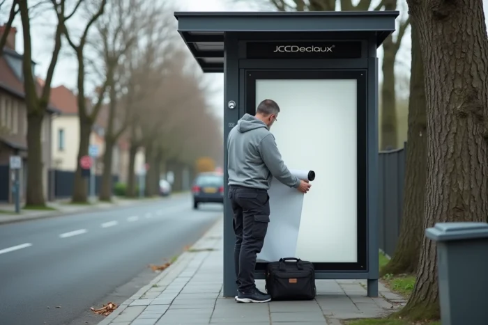 Homme roulant une affiche JCDecaux récupérée à un arrêt de bus en banlieue