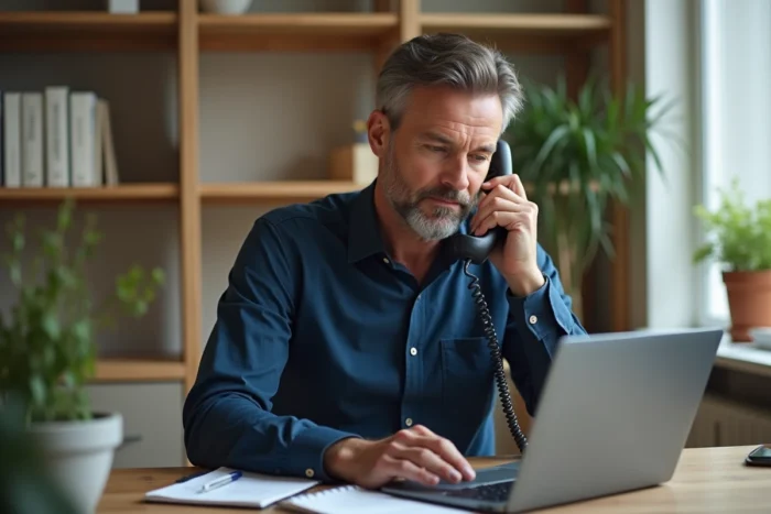Homme au bureau à domicile contactant le service client Sosh par téléphone avec un ordinateur portable ouvert