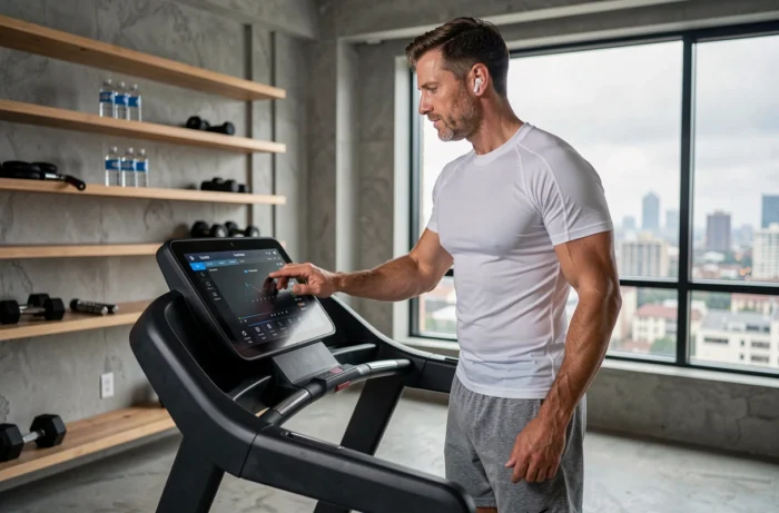 Homme consultant le tableau de bord du tapis de course Sportstech F10 dans un espace fitness minimaliste