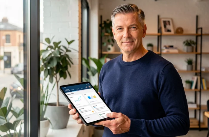 Homme consultant une tablette dans un espace de coworking moderne pour découvrir les nouveautés Albrad Com 2026